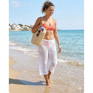 White Stag Beach Cover Up Pants XL Drawstring Eyelet 60% Cotton Floral White